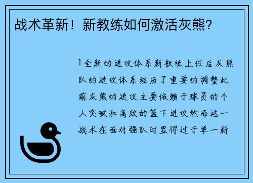 战术革新！新教练如何激活灰熊？