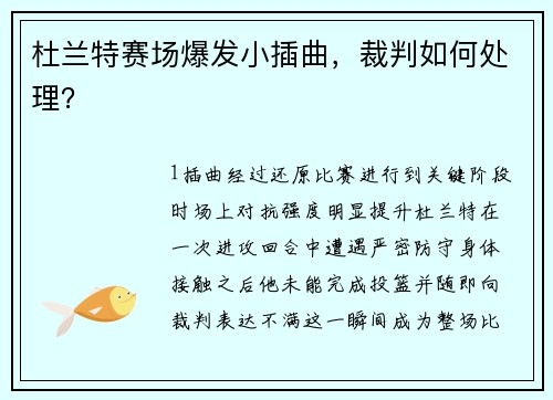杜兰特赛场爆发小插曲，裁判如何处理？